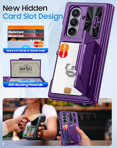 Image of for Samsung Galaxy Z Fold 7 Case with Card Holder RFID Blocking, Built in Slide Lens Cover & Hinge Protection & Screen Protector, Shockproof Wallet Case for Z Fold 7 (Purple)