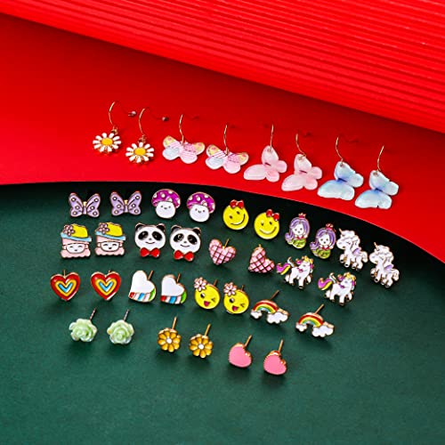 20 Pairs Earrings Set for Girls，Hypoallergenic Stud Colorful Earrings Set Cute Animal Butterfly Heart Flower Pearl Earring for Teen Girls Little Girls Jewelry Sets4