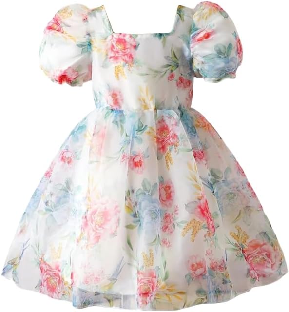 Girls Floral Organza Puff Sleeve Dress | Elegant Square Neck Frock Princess Dress for Kids (2-7 Years)