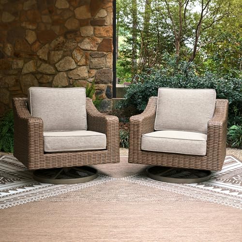 Image of Signature Design by Ashley Carmel Bay Casual Weather and UV Resistant Outdoor Swivel Lounge with Cushion, Light Brown & Beige