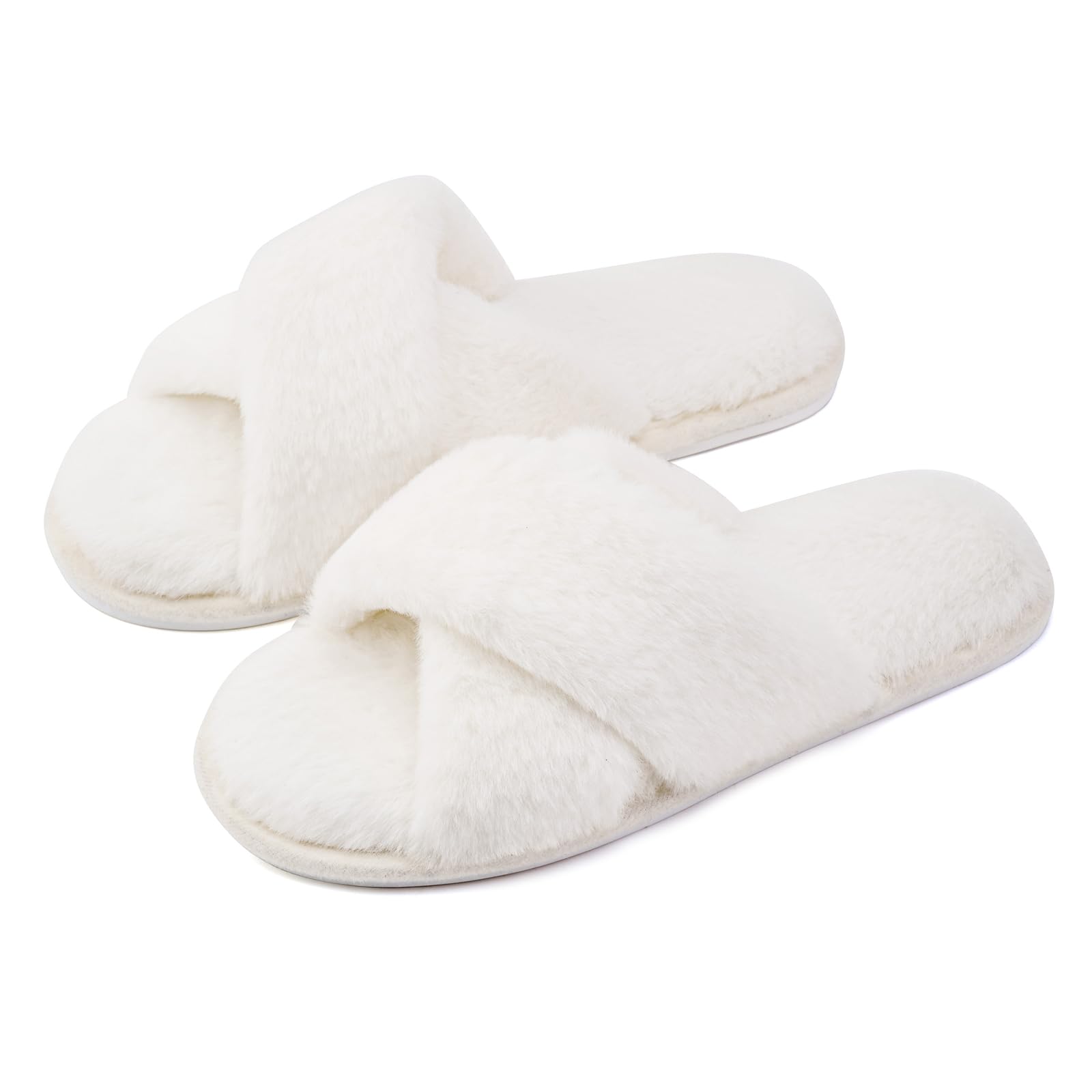 ANLUKE Womens Fuzzy Slippers Cross Band Memory Foam House Slippers for Women Cozy Indoor Outdoor Open Toe