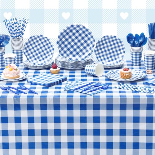 Image of Funnymoom 452 Pcs Blue Gingham Party Supplies for 50, Dark Blue and White Gingham Checkered Paper Plates Napkins Cups Tablecloth Cutlery Straws for Birthday Family Picnic Barbecue Party Decoration