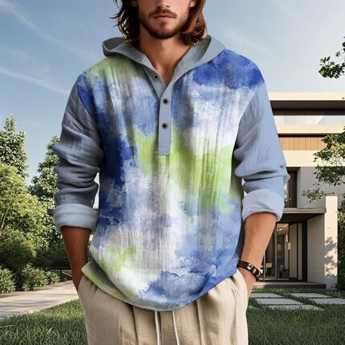 Mens Tie Dye Print Hoodies Long Sleeve Color Block Graphic Lightweight Shirts Casual Button Fall Fashion Pullover Tops2