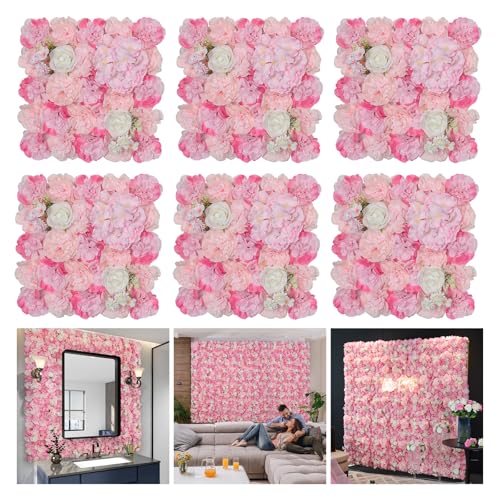 Blossom Walls Artificial Flowers Wall Backdrop 6pcs16.5x16.5 Inch Pink Floral Wall Panels Silk Rose Wall Decor Ideal for Wedding Celebrations Festive Party Backdrops and Elegant Home Decor