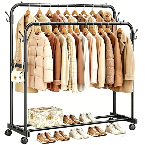 Klyvvo Portant Vetement Solide à Roulettes avec 4 Crochets & Anti-dérapant, Portant à Vêtements Double Tringle, Porte-vêtements Penderie Vetement Dressing pour...