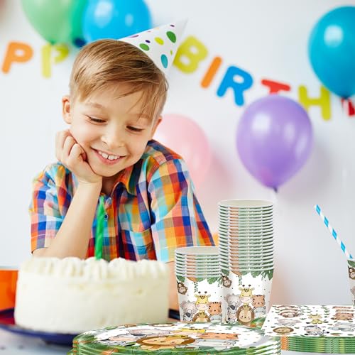OMZSXK Dschungel Safari Partygeschirr für 16 Gäste, Dschungel Safari Partyteller Geburtstag Geschirr, Tiere Pappteller Becher Servietten Kindergeburtstag Deko