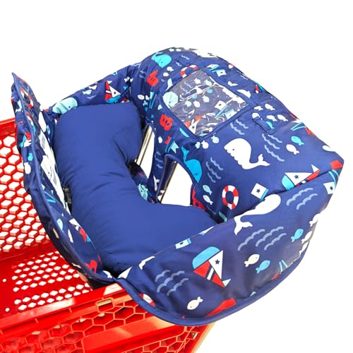 Image of Soft Pillow Attached 2-in-1 Shopping Cart and High Chair Cover for Baby, Cotton Padded Cart Cover, Fold'n Roll Style, Portable with Carry Bag (Navy Blue Whale)