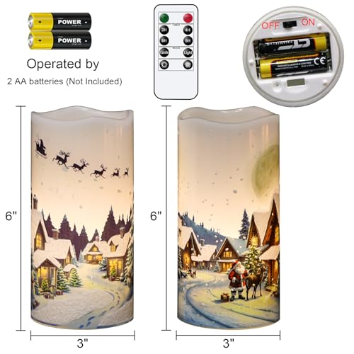 Image of Christmas Flameless Candles, Christmas LED Battery Operated Candles with Remote Timer, Set of 2 Pillar Candle with Snow House, Santa, Reindeer Decals for Holiday Winter Decor(D6 inch x H3 inch)