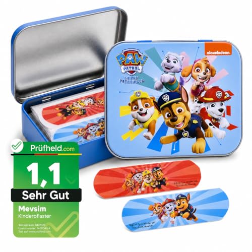 [ Test SEHR GUT Note 1.1 *] Paw Patrol Kinderpflaster Lizensiertes Produkt - Metall-Box - 24 Pflaster - Schönes Design Pflaster Aufbewahrungsbox für Kinder - Geeignet für Rucksack - Handtasche