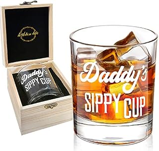 LIGHTEN LIFE Daddy's Sippy Cup Whiskey Glass,Unique Dad Gift in Valued Wooden Box,Funny Gag Gift for New Dad,Father,Husband from Kids Wife for Father's Day,Birthday,12 oz Old Fashioned Glass for Men