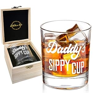 LIGHTEN LIFE Daddy’s Sippy Cup Whiskey Glass 12 oz,Unique Dad Gift in Valued Wooden Box,Funny Gag Gift for New Dad,Father,Husband from Kids Wife for Father’s Day,Birthday,Christmas