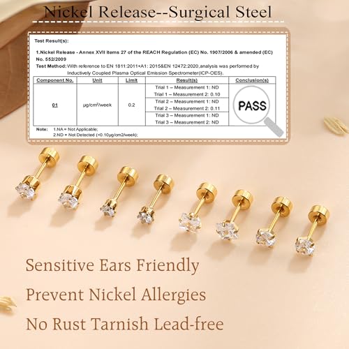 Florideco Small Hypoallergenic Flat Back Stud Earrings for Women Men 14K Gold Plated Surgical Stainless Steel Earrings Tiny Stud Earring Screw Back Cartilage Earring Set for Multiple Piercing3