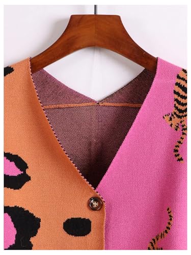 SHENHE Women's Color Block Button Down Animal Print Cardigan V Neck Leopard Sweater Coat3