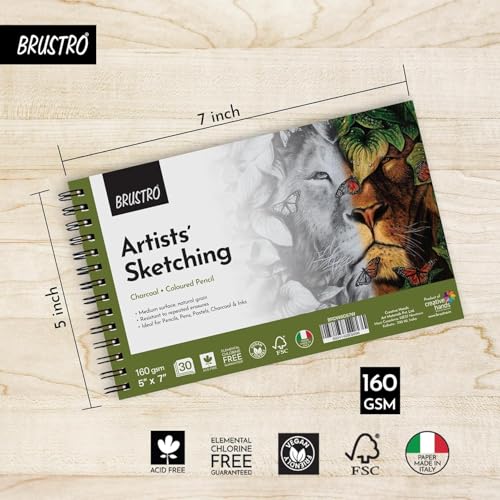 Image of Brustro Drawing & Sketching Wiro Pad,5x7 inches,160 GSM,30 Sheets with Graphite Pencil Set of 12 (10B-2H) Tin Box. Sketch and Gift