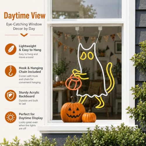 Image of Ghost Cat Neon Sign Halloween Neon Light for Wall Decor | Pumpkin Neon Signs USB Powered LED Neon Light for Halloween bedroom Kids Room Bar Club Decor