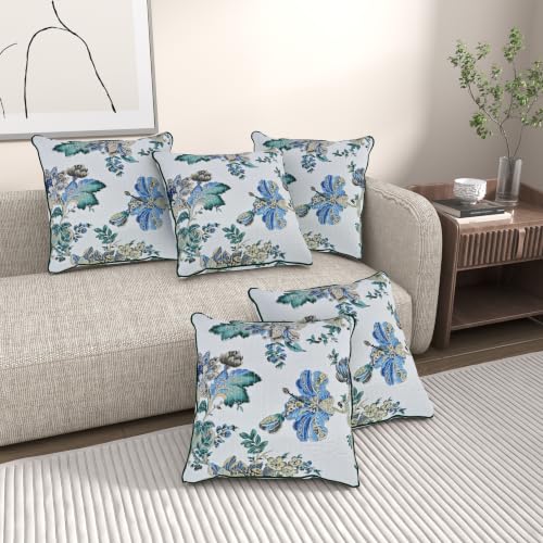 Image of Pure Cotton Quilted Cushion Cover 16x16 Inch | Anokhi Print Decorative Throw Pillow Cover | Soft Cotton Sofa Cushion Cover with Hidden Zipper | Living Room Bedroom Home Decor