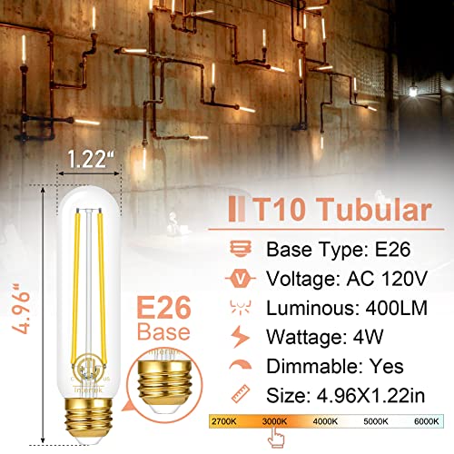 Dimmable Tubular T10 Led Light Bulbs 3000K Soft White, Tube Vintage E26 Edison Bulb For Industrial Decoration, 4W Clear Glass Filament Bulb Equivalent 40 Watt Incandescent Bulb, 400Lm, Pack Of 6 #TOP1