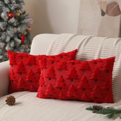 Image of Allorry Christmas Pillow Covers 12x20 inch Set of 2 Christmas Decorations Soft Plush Faux Fur Wool Red Christmas Tree Throw Pillow Cases Winter Holiday Decor for Sofa Living Room PT002B12