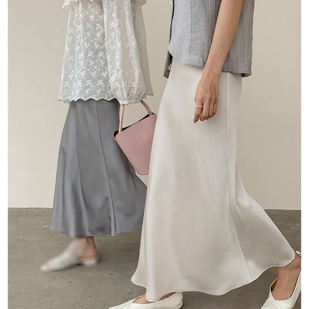 OZEO Röcke Damen,Eleganter Midirock Aus Satin Für Damen, Graublau, Hohe Taille, Faltenrock In A-Linie, Mit Reißverschluss, Sommer, Leicht, Gerafft, Einfach, Lange Röcke Für Mädchen, Damen, Xs