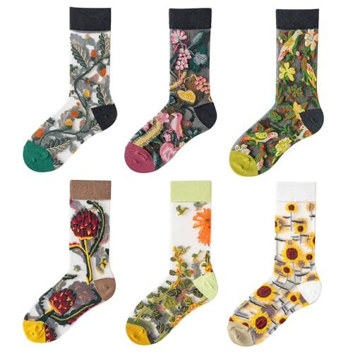 Image of RosyClouds Floral Jacquard Mesh Socks for Women, Summer See Through Sheer Elastic Crew Socks Flowers Crystal Glass Socks 6 Pairs