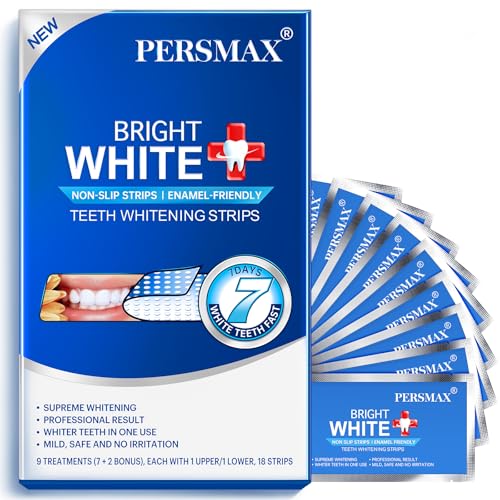 Image of PERSMAX Teeth Whitening Strips, 18 Strips 9 Treatment (7 + 2 Bonus) | Non-Slip, Pain-Free, Express Whitening in 30 Min, Easy to Use for Confident Smile, Professional Dentist Approved