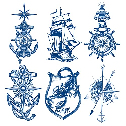 Oottati 6 hojas de pegatinas semipermanentes para tatuajes temporales de brazo de larga duración de 1 a 2 semanas, cuerda de anclaje, brújula de escorpión, faro marinero, flecha de mar Cover