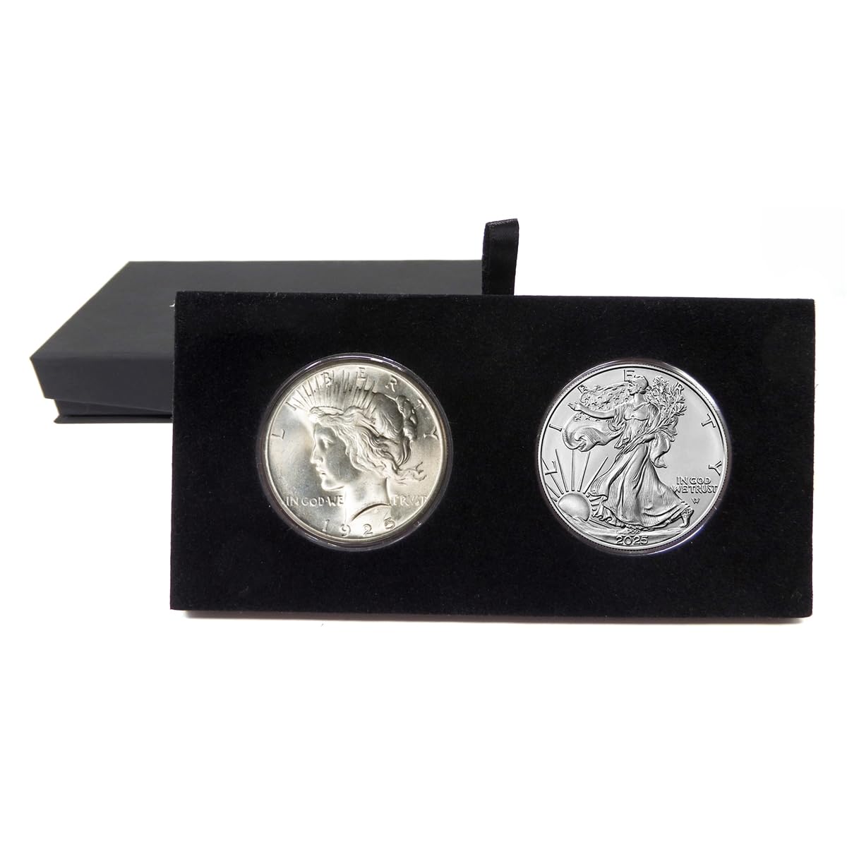2025 - and 1925 Peace Dollar in 100 Year Silver Dollar Set in Specialty Felt Lined Black Box Uncirculated