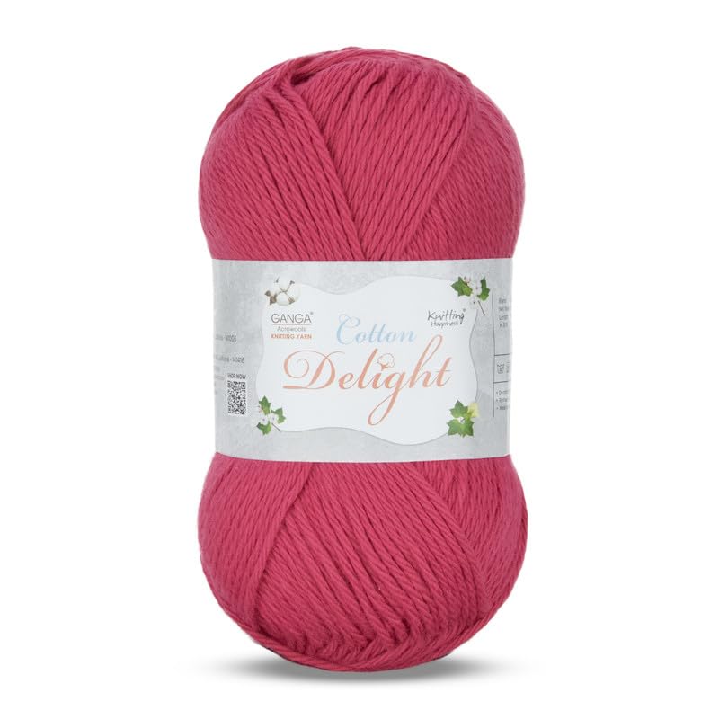 Image of Ganga Acrowools Cotton Delight, Dk Weight Cotton Yarn, Oekotex Class L Certified 100G, 169M, Pack of 1 Ball - 100gm Each, Shade No. - COD080 Hot Pink