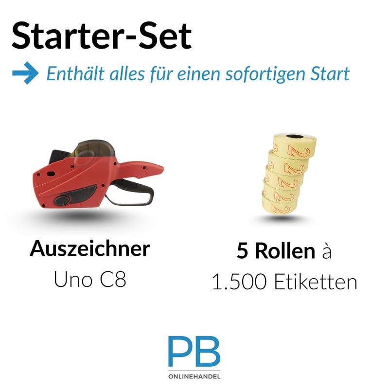PB-Onlinehandel – Preisauszeichner Gerät Set UNO C8 rot 8-stellig inkl. 7500 Etiketten weiß ablösbar – Handauszeichner Warenauszeichnung mit einfachem Etiketten- & Farbrollwechsel