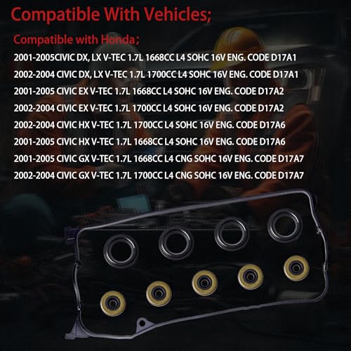 Image of VS50606R Valve Cover Gasket Kit for 2001-2005 Honda Civic 1.7L D17A | Gasket + 4 Plug Tube Seals + 5 Grommets. Replaces VS50384 VC4034 12030-PLC-000. Fixes Oil Leaks. DX LX EX HX GX V-TEC.