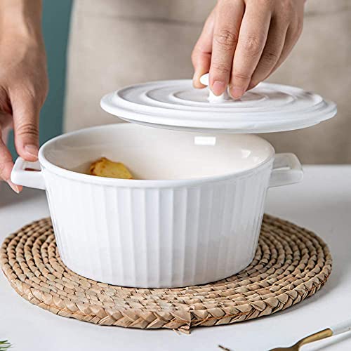 37 Oz Chinese Ceramic Round Dish Casserole/Ceramic Baking Bowl for Oven Round Casserole Dish Noodle Bowl Bakeware with Handle and Lid Pink-1.1L (White 1.1L)