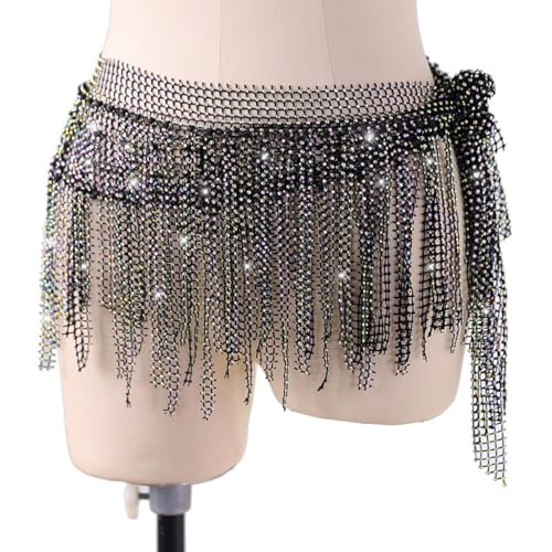 Sparkling Fringes Belly Dance Waist Chain with Studded Rhinestones Skirts Wrap Shimmering Tassels Belly Dancing