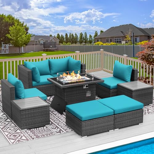 RADIATA 9 Piece Wicker Patio Furniture Set with Fire Pit, All-Weather Outdoor Sectional Couch High Back Large Size, Modular Backyard Seating Sofa Set with Propane/Natural Gas Firepit Table, Grey&Teal