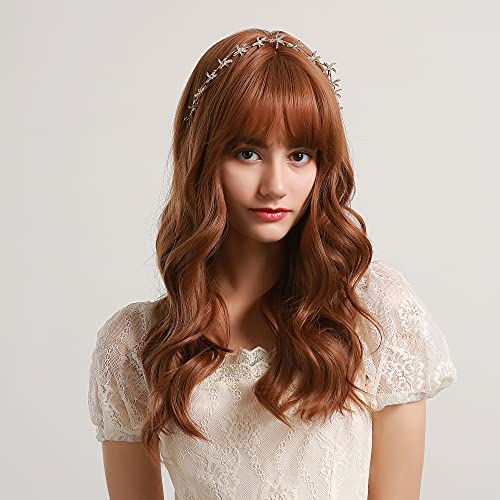 Souizic Long Brown Wigs with Bangs Loose Wave Curly Synthetic Ginger Hair Replacement Wigs for Women Cosplay Party 22 Inch