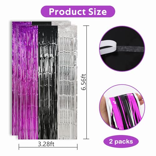 Image of TONIFUL Black Silver Hot Pink Door Streamers,Black and Pink Photo Booth Backdrop Metallic Streamers Foil Fringe Curtain for Birthday,New Year,Graduation,Grad,Baby Shower Party Streamers Decoration