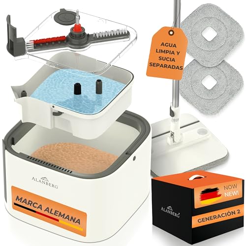 Set Fregona y Cubo – Gen 2 – con Sistema de 2 Compartimentos, Tanque Extraíble, Autoescurrido 360°, Mopa Plana de Limpieza con Rodillo para Pelos y 2 Almohadillas Reutilizables, Blanco - ALANBERG®