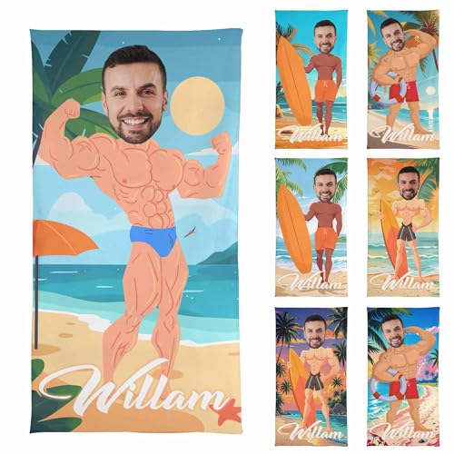 Faroishta Personalized Beach Towels with Name Face Photo Custom Funny Muscle Body Microfiber Beach Towel for Adults Men Teen Boys Customized Quick Dry Swim Bath Pool Travel Beach Towel Summer