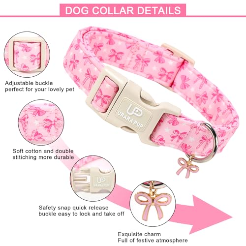Image of Cute Pink Bow Dog Collar, Girly Cotton Adjustable Puppy Collar with Charm & Durable Quick Release Buckle,Spring Summer Collars for Small Medium Large Dogs