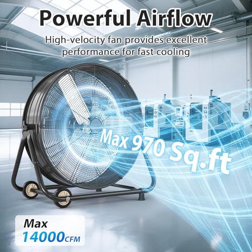 Image of LifePlus 30 inch Industrial Drum Fan, 550W 14000 CFM High Velocity 3-Speed Heavy Duty Metal Air Circulator with 360 Tilt, Casters Handle for Warehouse Factory workshops Patios Garage,