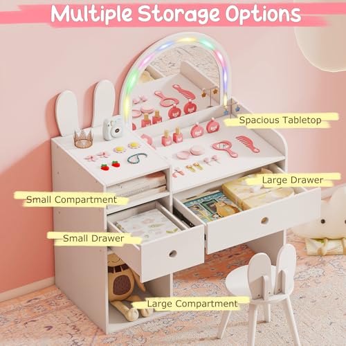 Image of Costzon Kids Vanity, Girls Vanity Set with Mirror and Stool and Lights, Drawers & Storage Compartments, Toddler Makeup Vanity Desk Dressing Table, Wooden Kids Vanity Table and Chair Set (White)