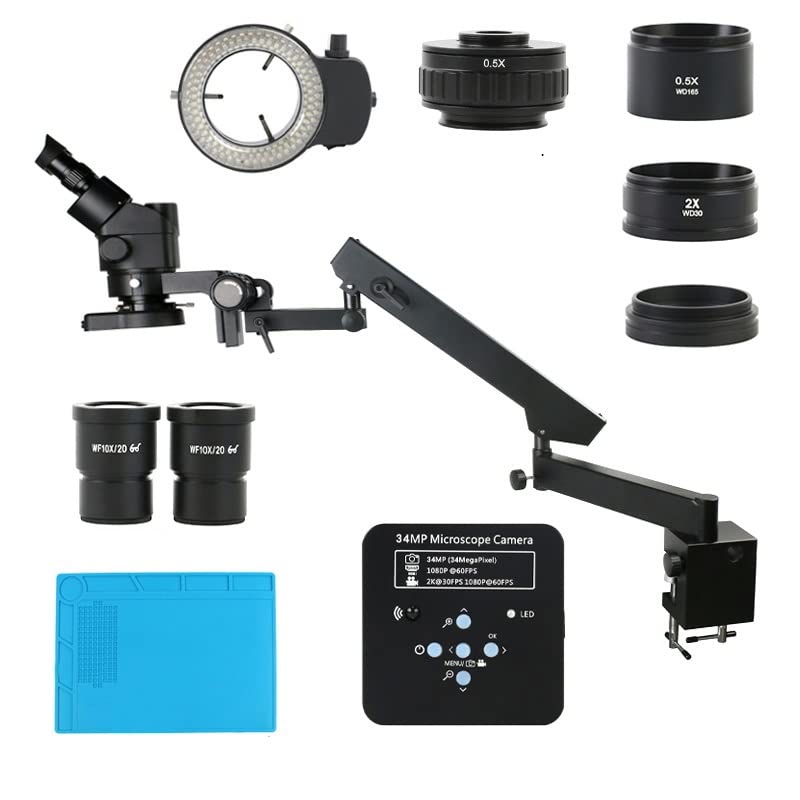 Microscope 3.5X-90X Articulating Arm Pillar Clamp Simul Focal Trinocular Stereo Microscope 34MP 2K 1080P H_DMI USB Video Camera Barlow Lens(A)