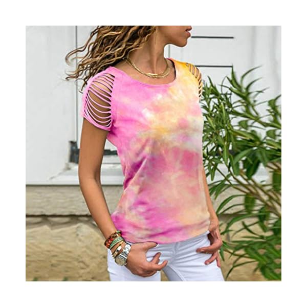 Luciava Women Loose Tie-dye Print Hollow Out Pullover Summer Trendy Comfy Short Sleeve T-Shirt Wild Breathable Top Blouse - Image 3