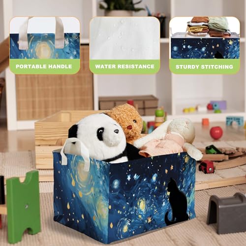 Image of Starry Night Black Cat Toy Basket, Closet Shelf Organizer Baskets for Nursery Decor, Bathroom, Bedroom, Home Decor Gift Basket Large Squarecanvas Laundry Hamper With a Waterproof PE Coating, Foldable