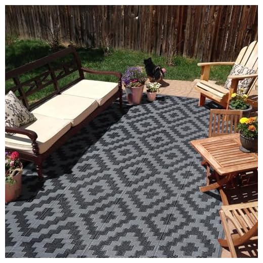 SAND MINE Waterproof Outdoor Rug 5x8 ft, Plastic Reversible Rug, Modern Area Rug, Large Floor Mat for Outdoors, RV, Patio, Backyard, Deck, Picnic, Beach, Camping, Black Grey Lattice