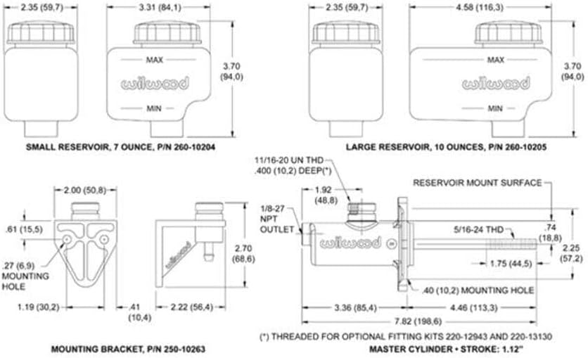 Wilwood Master Cylinder, Compact, 0.875 in Bore, 1.120 in Stroke, Direct or Remote Reservoir, Aluminum, Black Paint, Kit