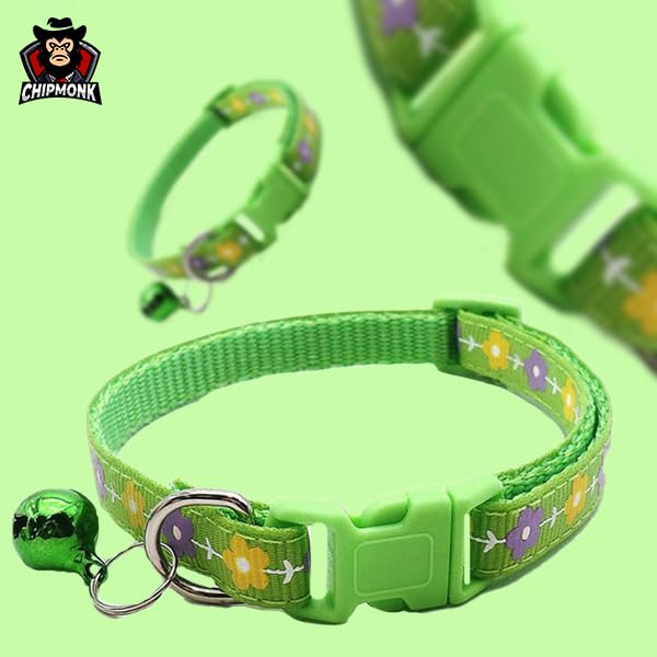Chipmonk Cat & Puppy Collar with Bell,Kitten & Small Dogs Soft Adjustable,Safe,Solid & Protective Breakaway for Cats & Puppies,Cute Kitty Neckband with Flower Print-(Green) 1