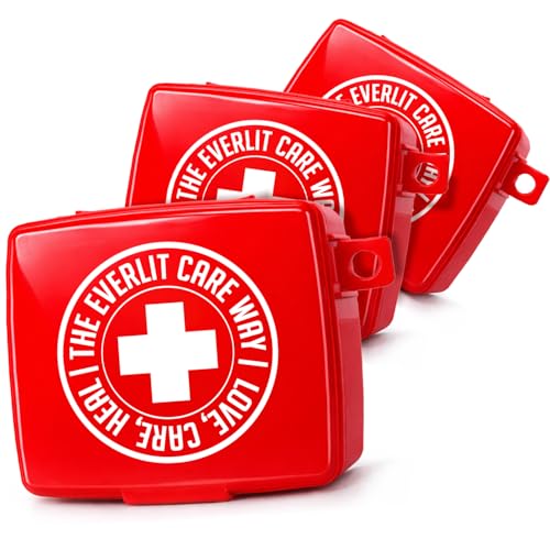 EVERLIT Pocket-Aid Kit | Travel-Friendly Hard-Shell Cases with 50 Items for Cuts Scrapes Burn & Wound Care | Pack of 3 Mini First Aid Kits for Travel Outdoor School Camping Home Office (Red)