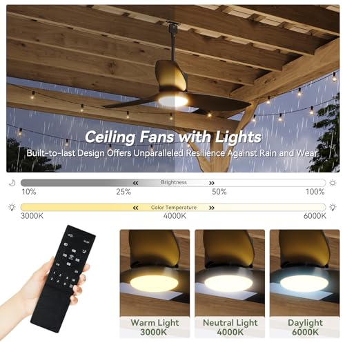 Image of Aoxun 42'' Outdoor Ceiling Fan with Light, IP65 Waterproof Hanging Fan with Remote Control and Smart App, 3CCT 6-Speed Settings for Balcony, Porch, and Gazebo (Black)