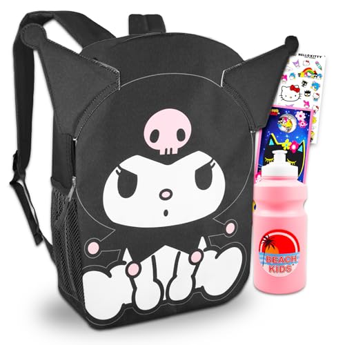 Mochila escolar Kuromi para escola – Pacote com mochila escolar Kuromi de 40 cm e adesivos Hello Kitty e garrafa de água, mais | Mochila Hello Kitty and Friends para meninas, Mochila Kuromi, Kuromi
