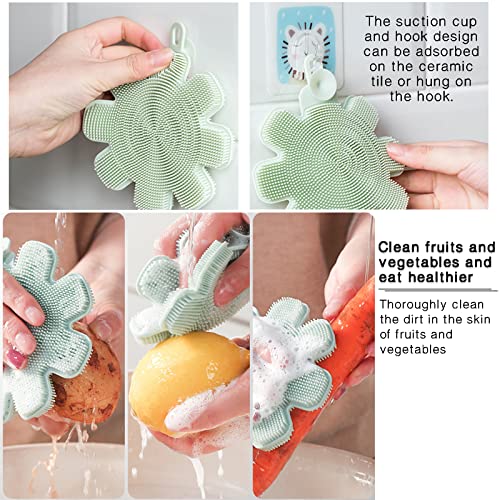 Image of 4 Pcs Silicone Sponge Dish Washing Kitchen Scrubber,Dishwashing Brush Silicone Kitchen Brush Flower Shape Cleaning Brushes for Home Restaurant (Random Color)